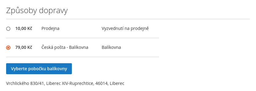 Balíkovna - detail po výběru pobočky